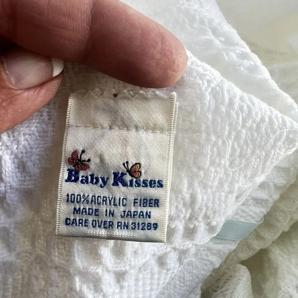 Vintage Baby Kisses Acrylic Blanket White Blue Ribbon Waffle Weave Fringe